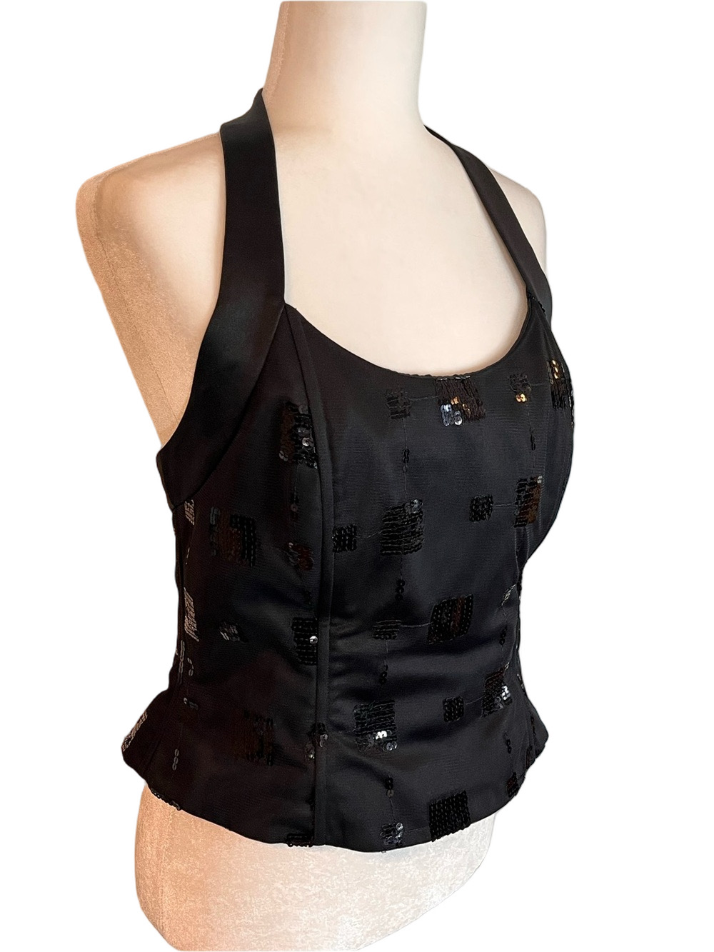 Vintage Y2K Black Sequin Halter Top 12 Bridgerton Regency Bustier Boning Evening